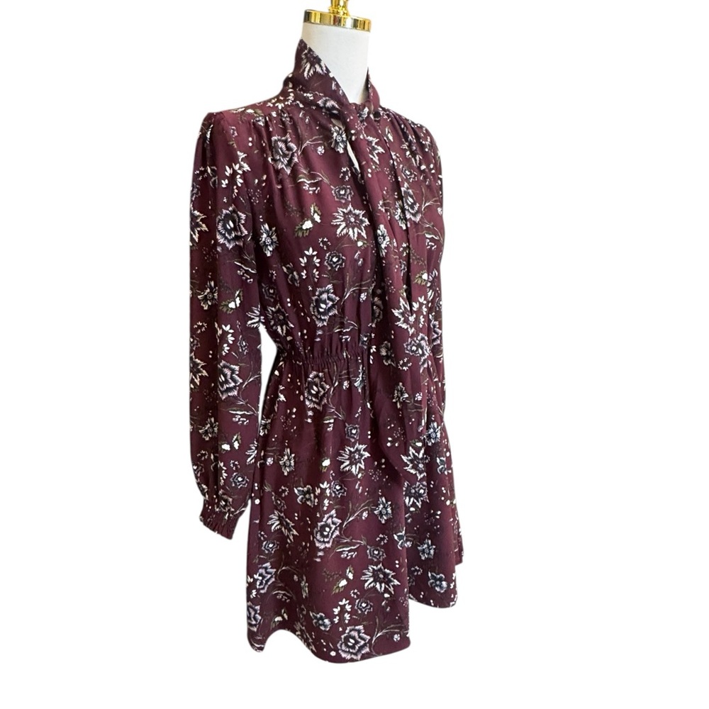 LOFT Floral Tie Neck Mini Dress XS Burgundy Long Sleeve - Picture 2 of 7